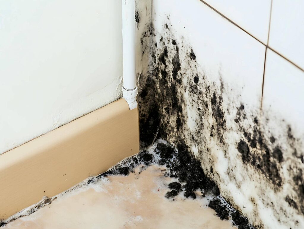 Black mold growth on the corner of a tiled wall and floor near a white pipe.