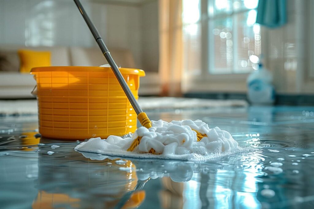 Yellow mop and bucket with foam on a wet floor in a bright room.