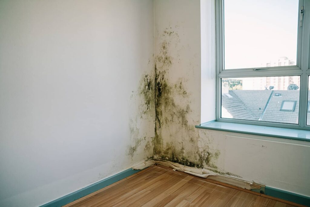 Mold growth on a bedroom wall corner beside a window.