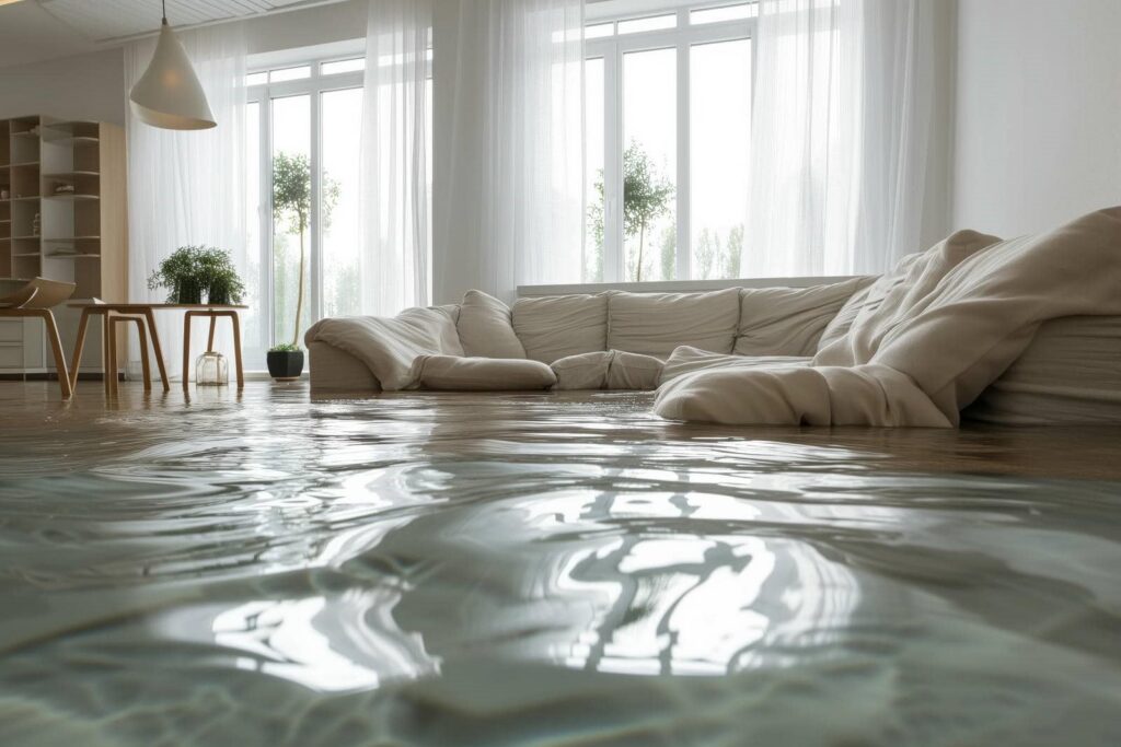 Living room flooded with water nearly reaching a beige sectional sofa.