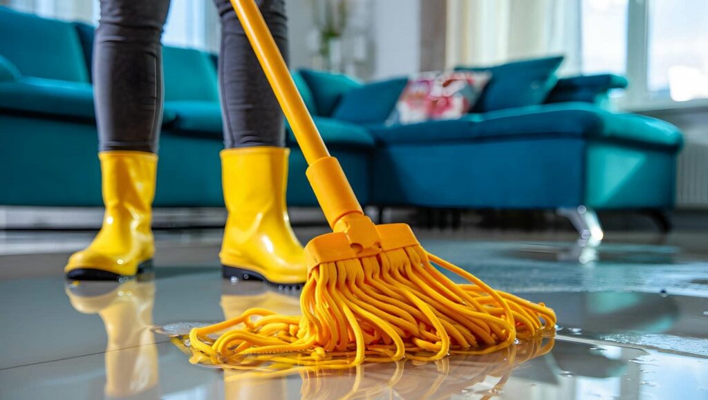 Person wearing yellow boots mopping a wet floor in a living room with a blue couch.
