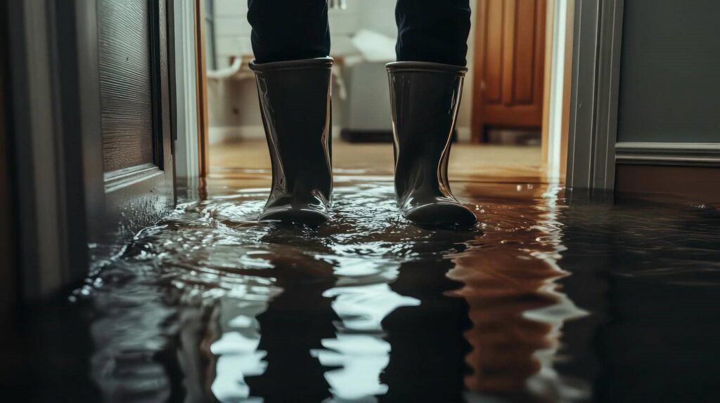 Person wearing black rain boots standing in a flooded indoor hallway with water covering the floor.