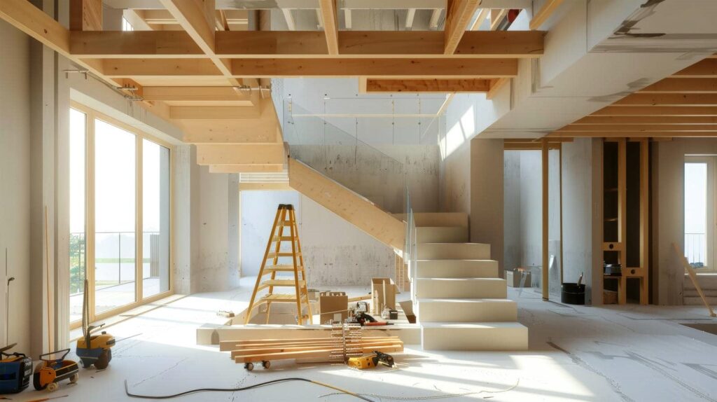 Interior of a house under construction with wooden beams, stairs, and construction tools scattered on the floor.