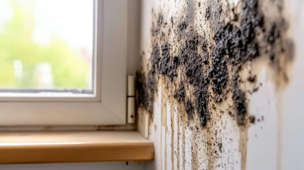 Black mold growth spreading on a white wall near a window frame.