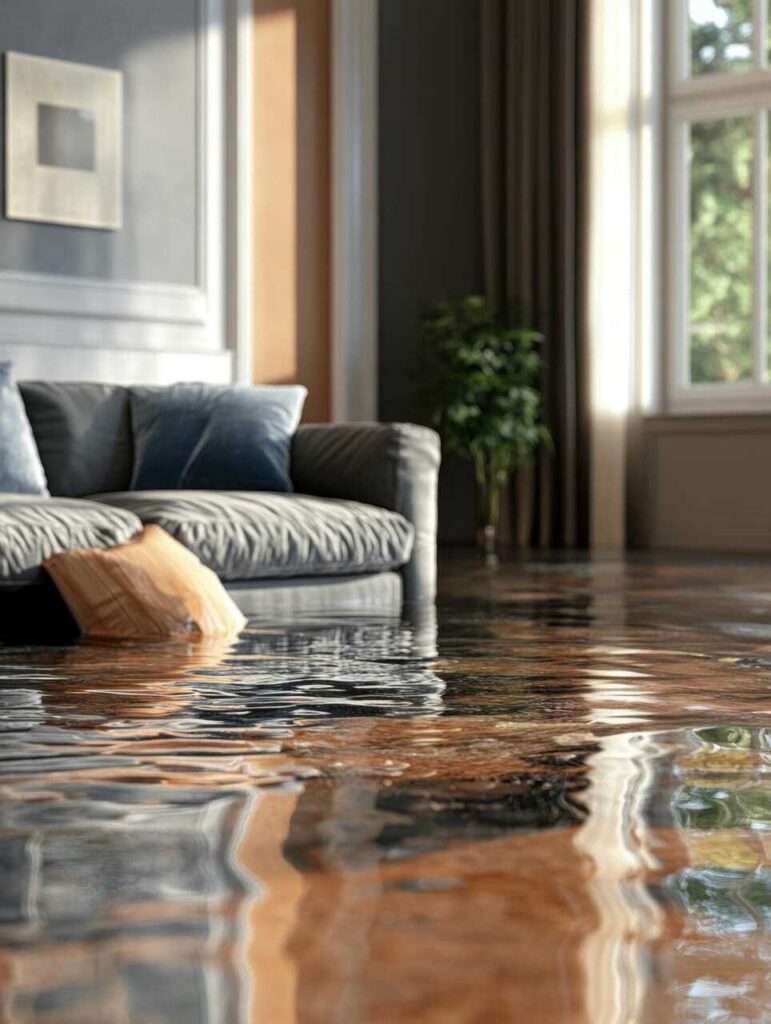 Living room with a gray sofa partially submerged in floodwater covering the floor.
