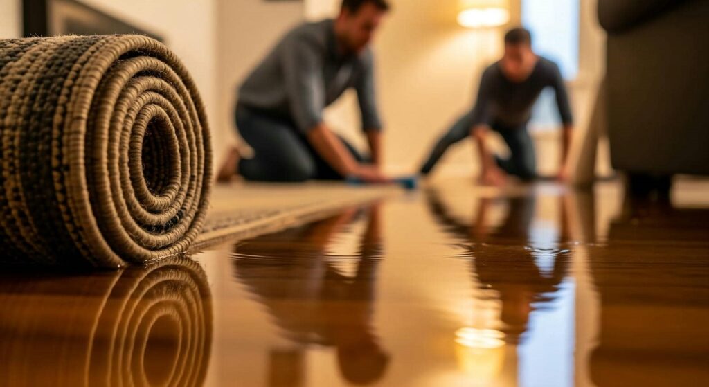 Two people cleaning a flooded wooden floor with a rolled-up rug in the foreground.