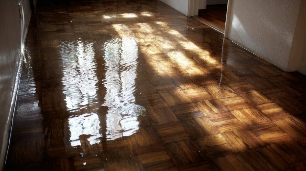 Water flooding a wooden floor with sunlight reflecting on the surface.