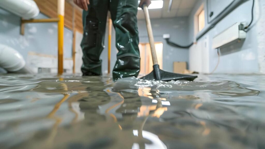 Person in waterproof pants using a squeegee to remove water from a flooded indoor space.