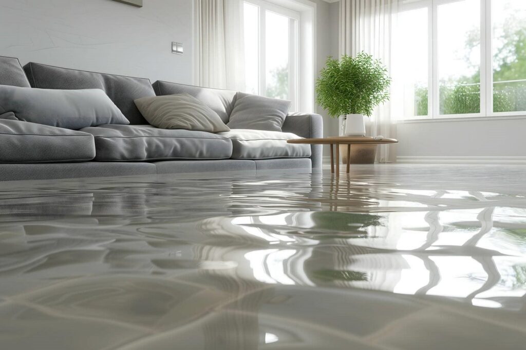 Living room with a gray sofa and coffee table partially submerged in floodwater.