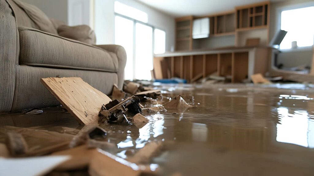 Flooded living room with debris and water covering the floor near a sofa and kitchen cabinets.