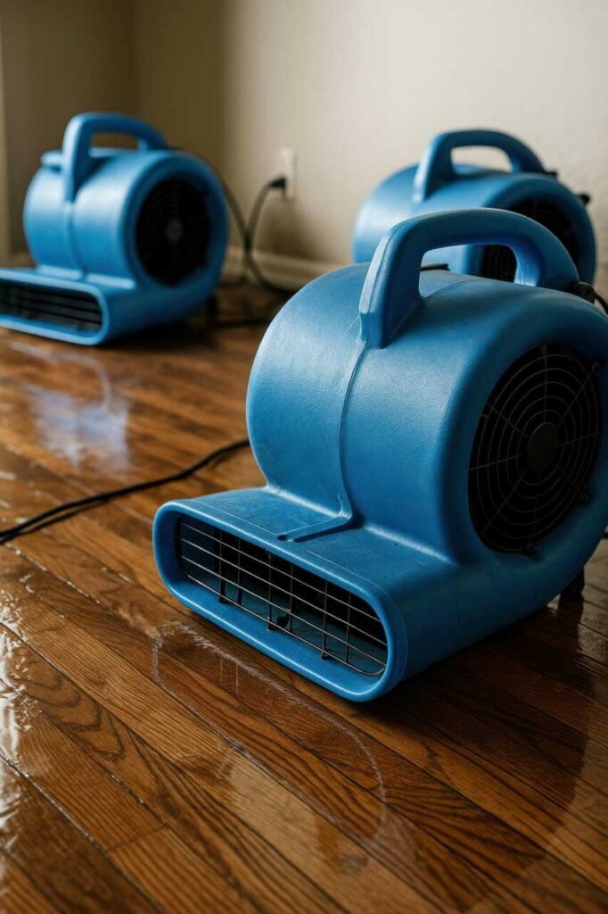 Three blue air movers drying a wet hardwood floor near a wall outlet.