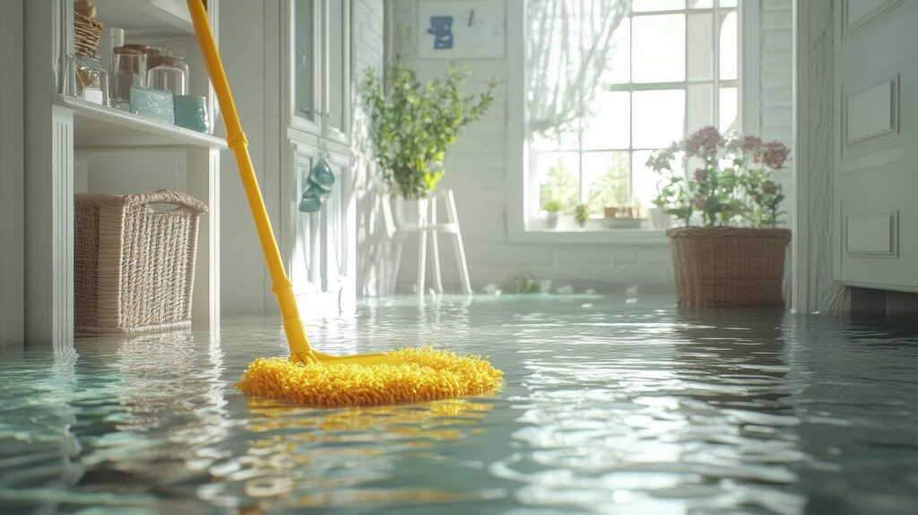 Yellow mop floating in a flooded bright kitchen with plants and wicker baskets.