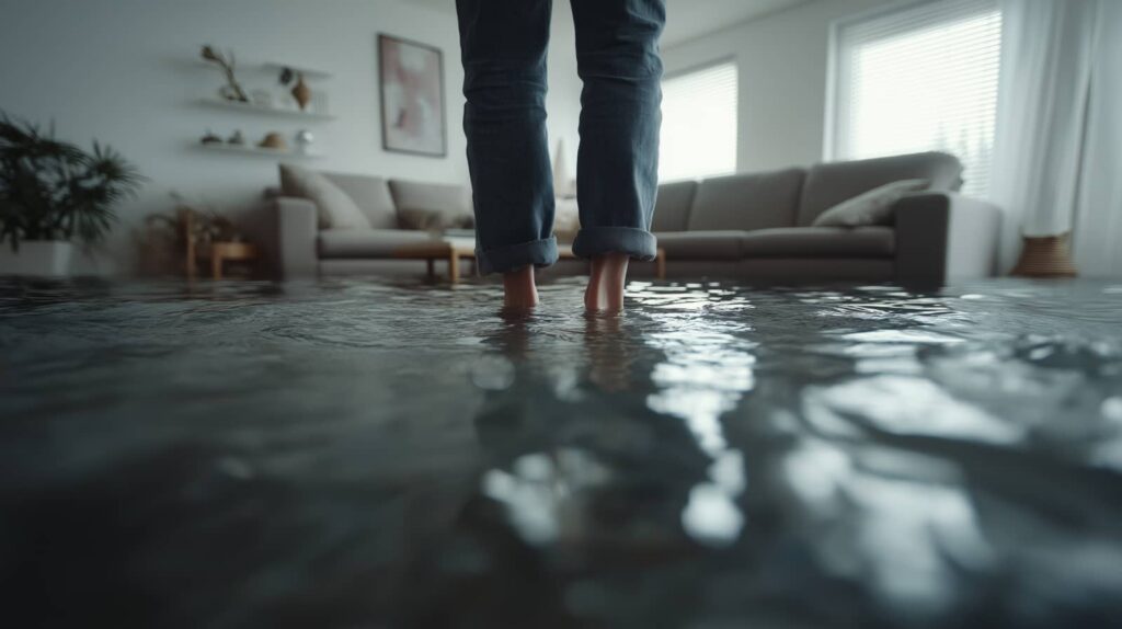 Person standing in floodwater inside a living room.
