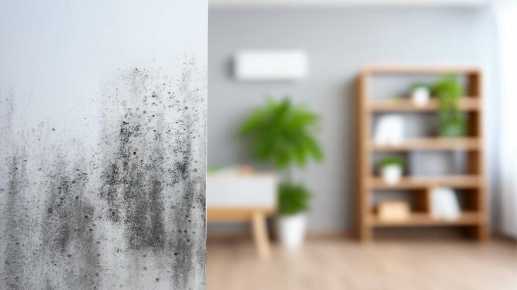 Black mold growing on a white wall in a modern living room.