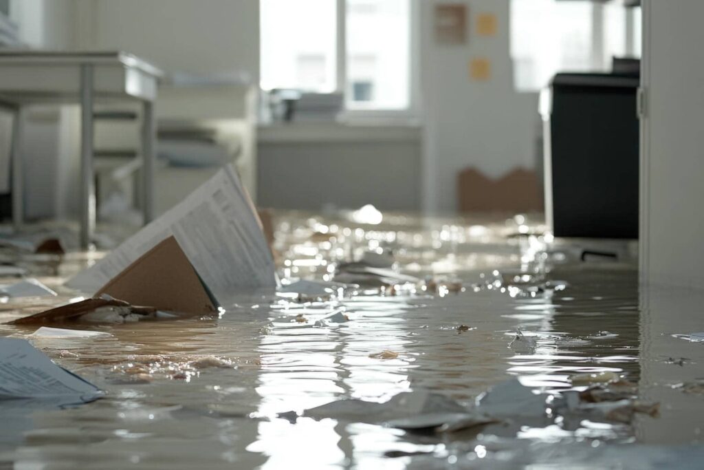 Flooded office floor with scattered papers and debris floating in water.