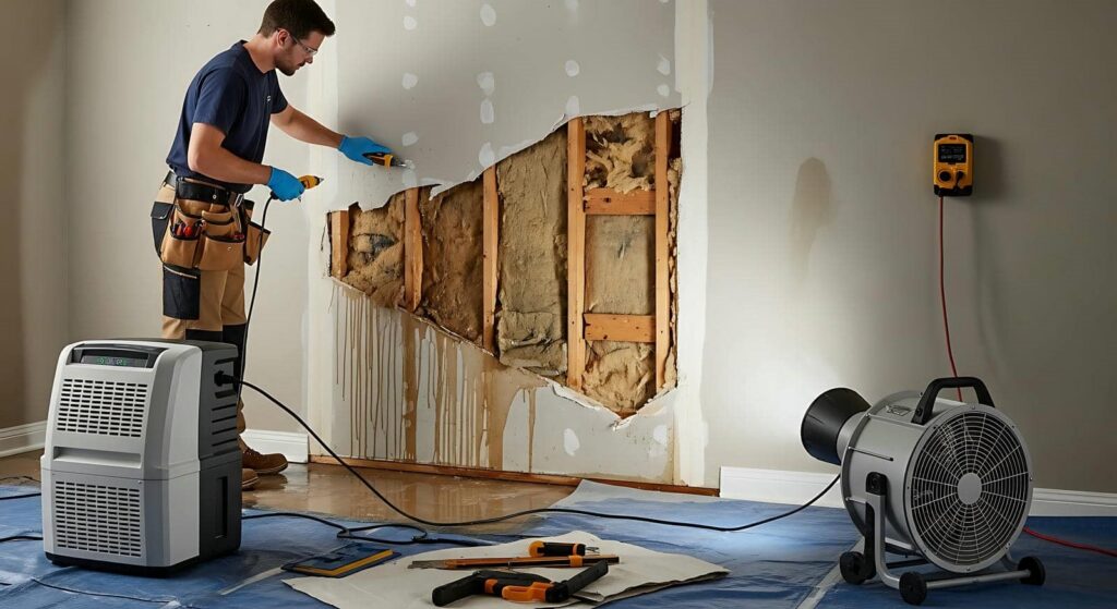 Technician inspecting water-damaged wall insulation with drying equipment in a room.