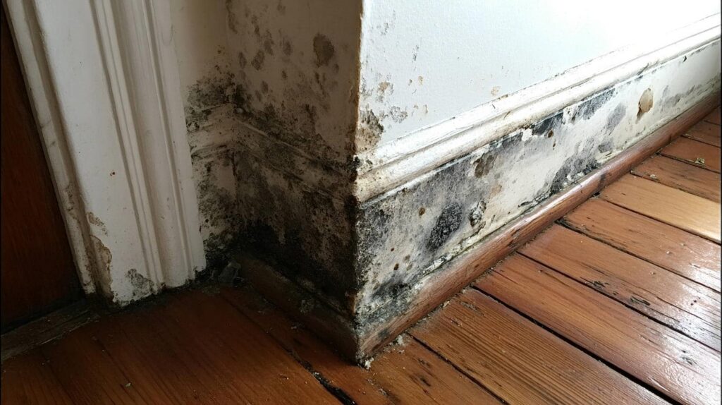 Black mold growth on the corner of a white wall and wooden floorboards.