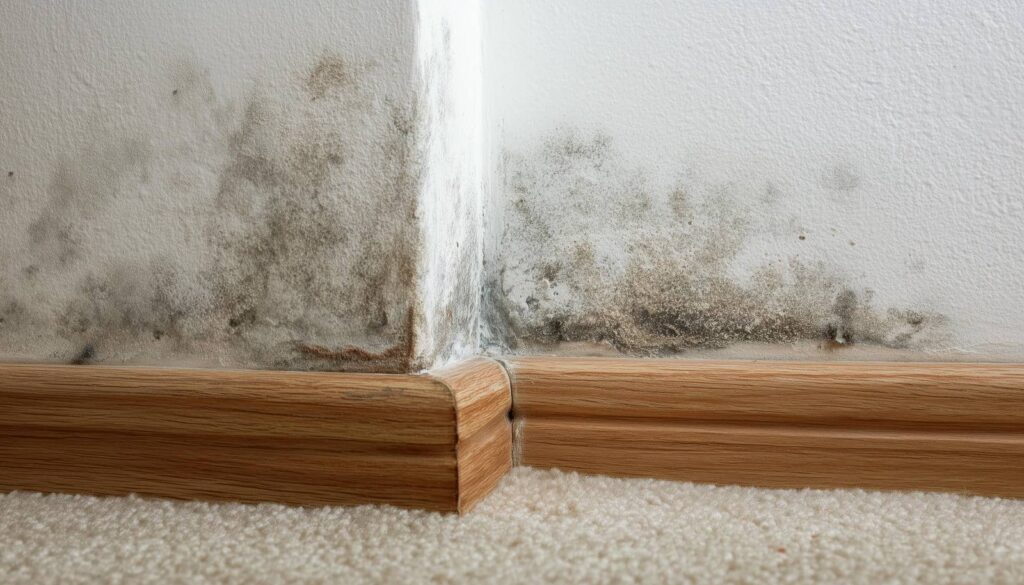 Black mold growing on white walls near a wooden baseboard corner above carpet.