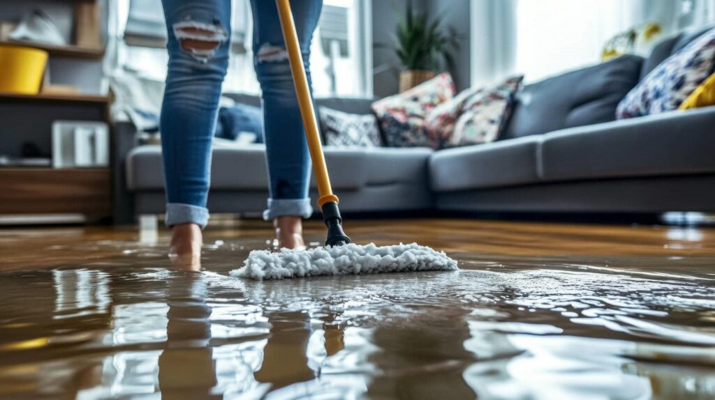 Person mopping a flooded wooden floor in a living room with a gray couch in the background.