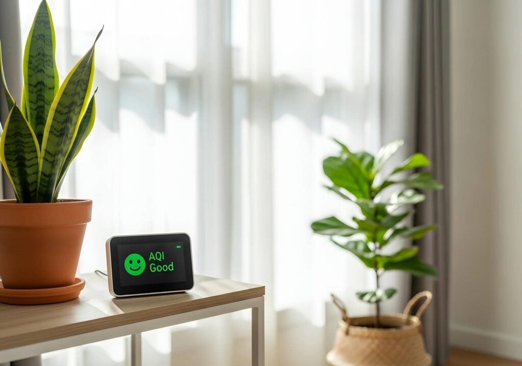 Air quality monitor displaying "AQI Good" next to a potted snake plant on a table.
