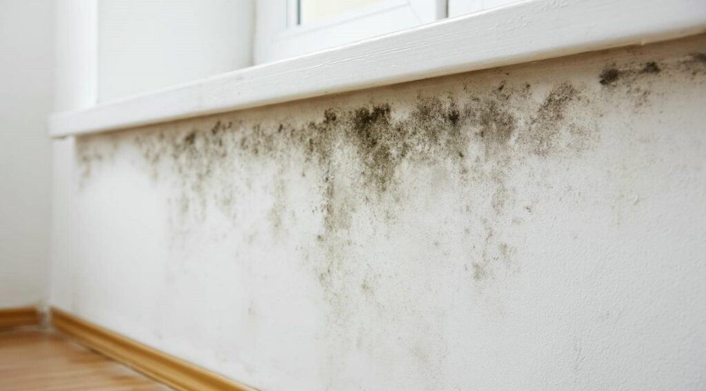 Black mold growing on a white wall beneath a window ledge.