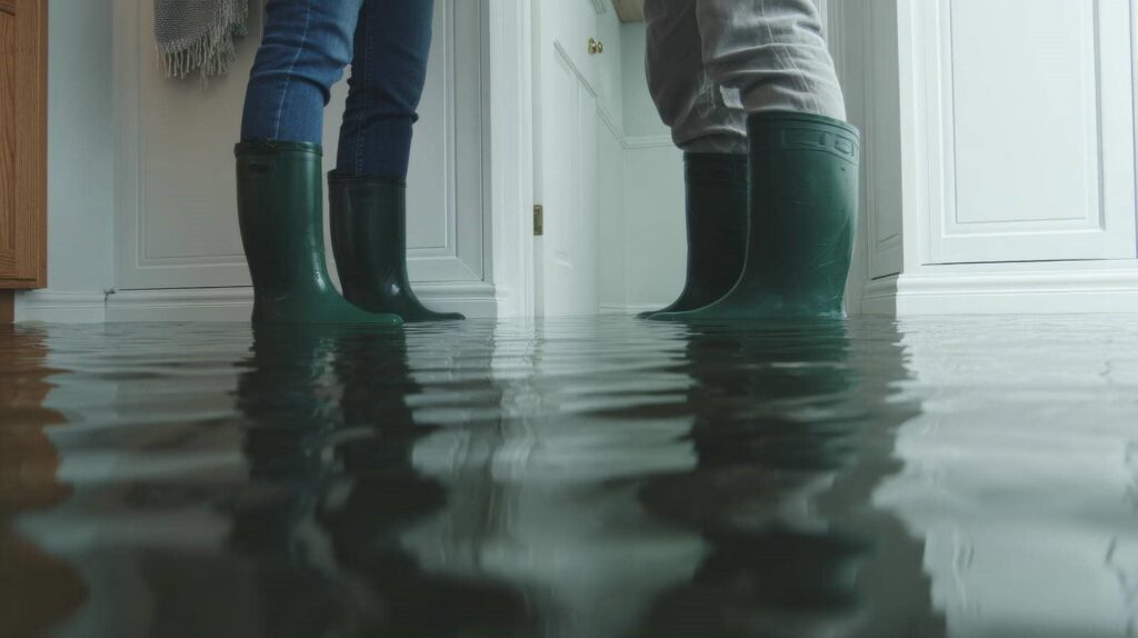 Two people wearing green rubber boots standing in a flooded indoor space with water covering the floor.