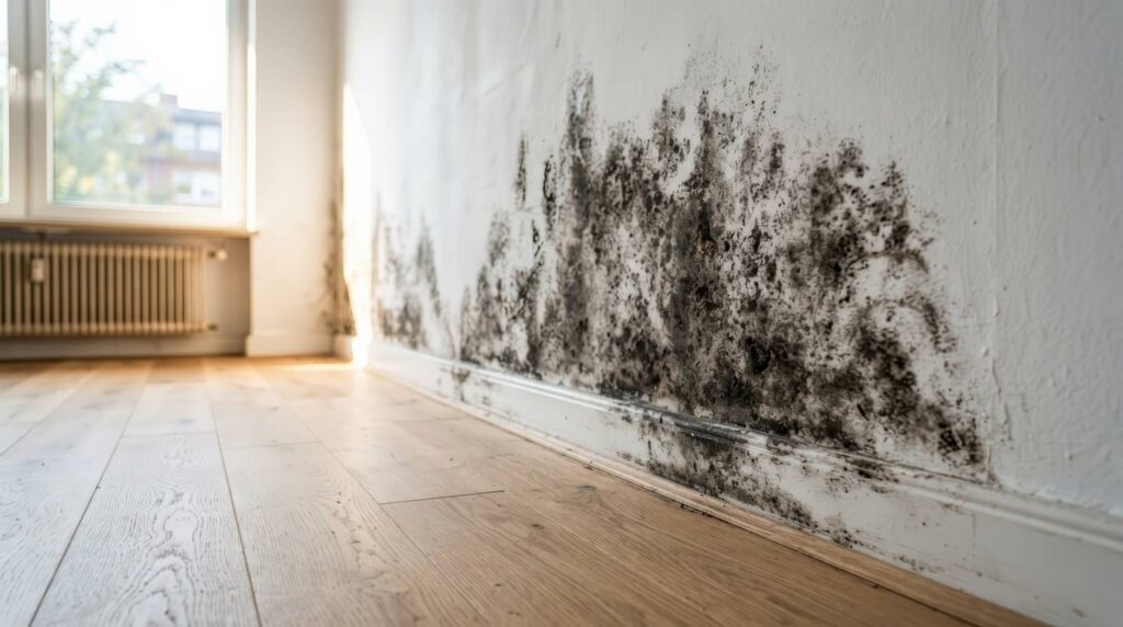 Mold growing on a white wall in an empty room.