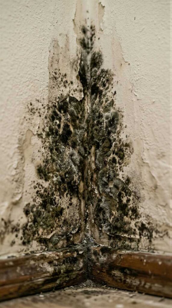 Black mold growing on a damp wall corner.