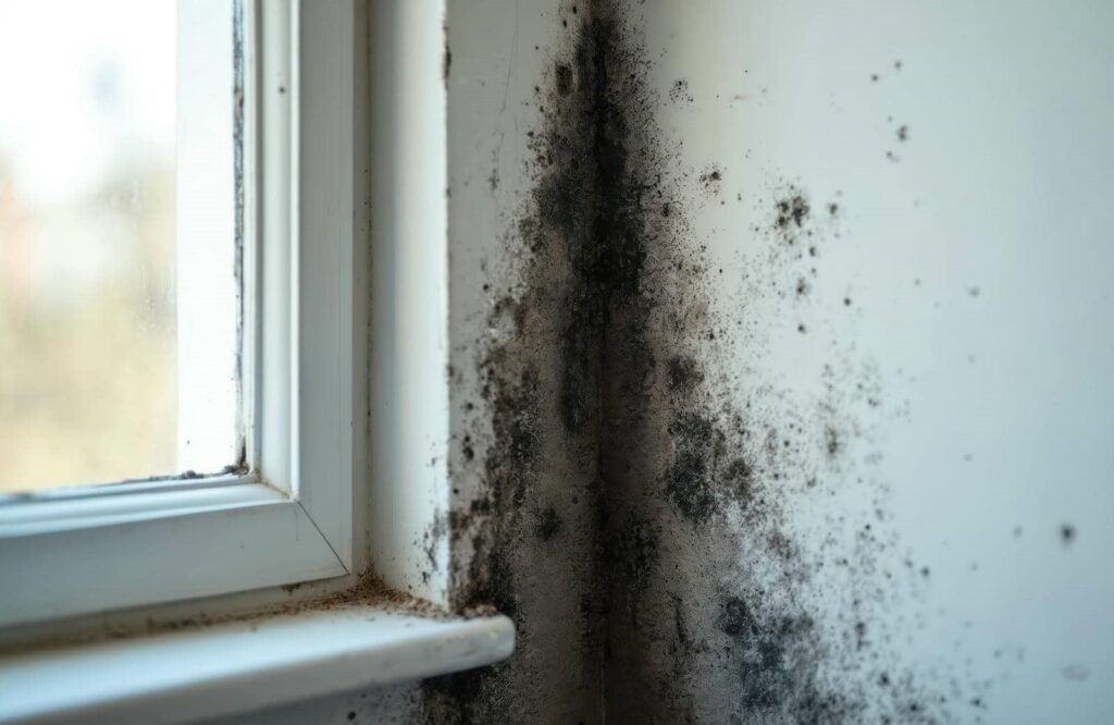 Black mold growing on a white wall corner near a window frame.