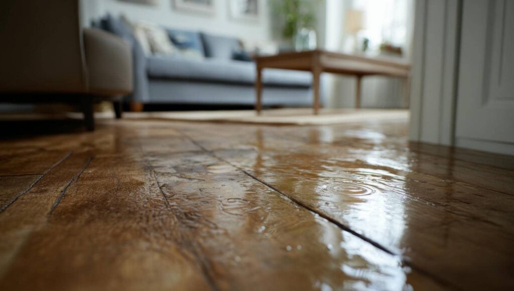Flooded wooden floor in a living room.