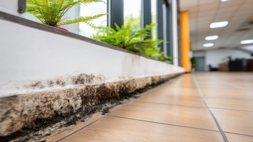 Black mold growing along the base of a white wall near a tiled floor in an indoor space.