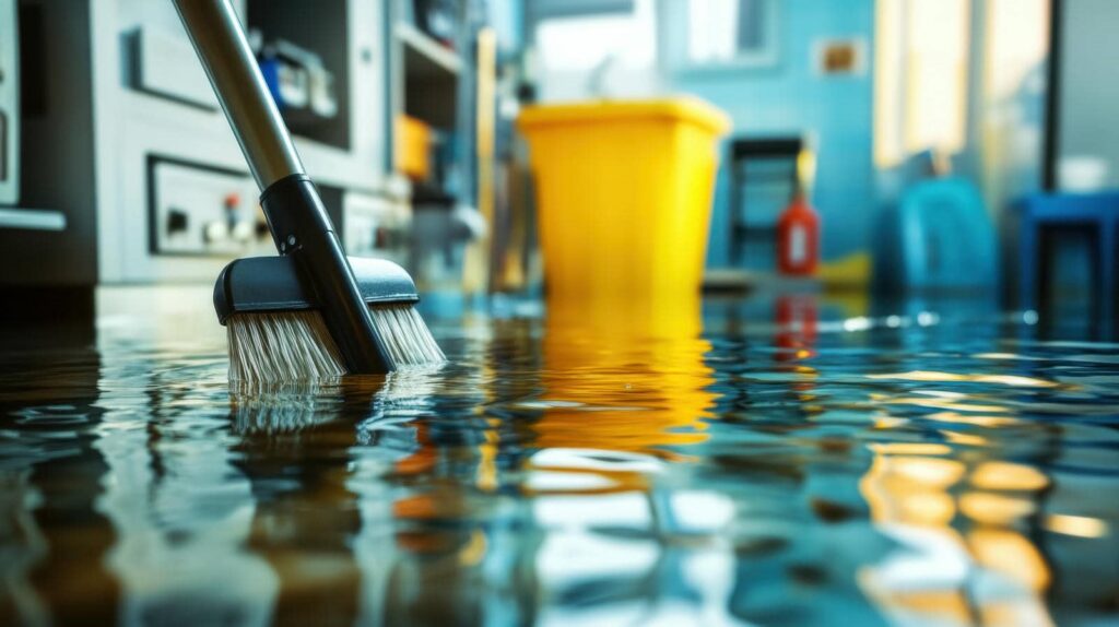 A mop submerged in floodwater inside a room with a yellow bucket in the background.