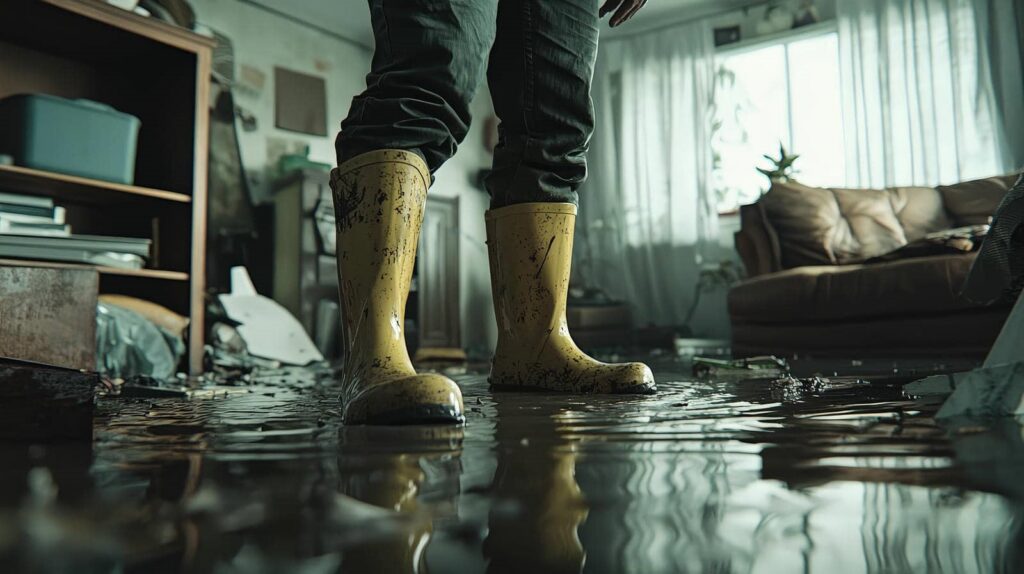 Person wearing yellow rain boots standing in a flooded room with water covering the floor.