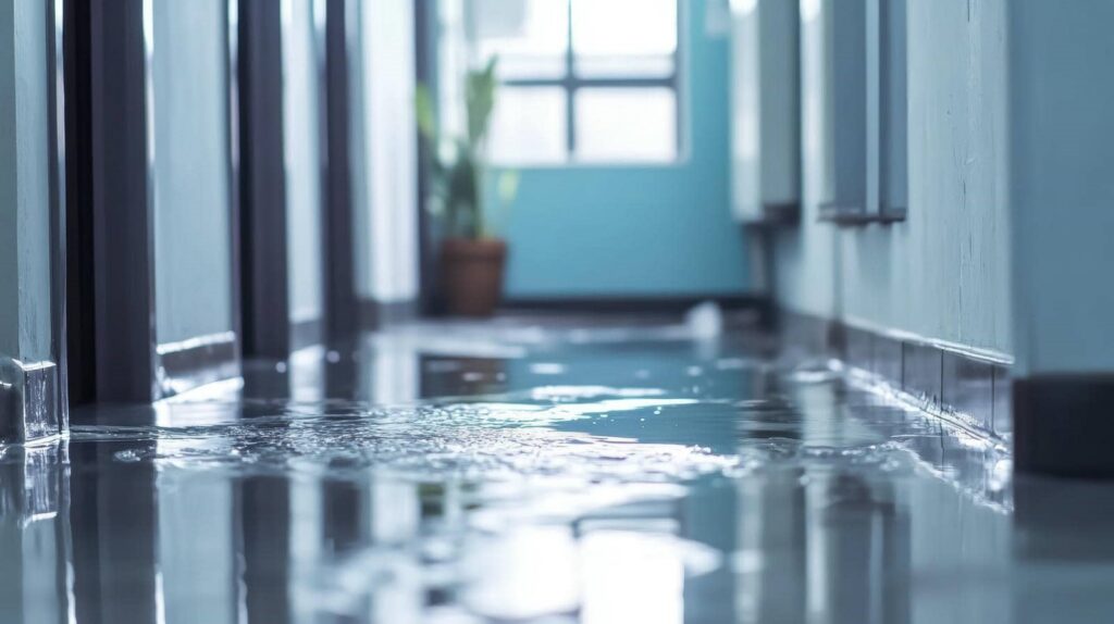 Water flooding a hallway floor with a window and potted plant in the background.