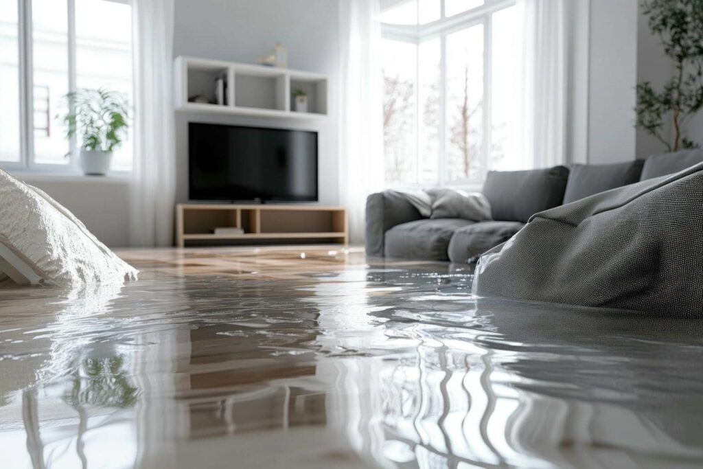 Living room flooded with water covering the floor and partially submerging furniture.