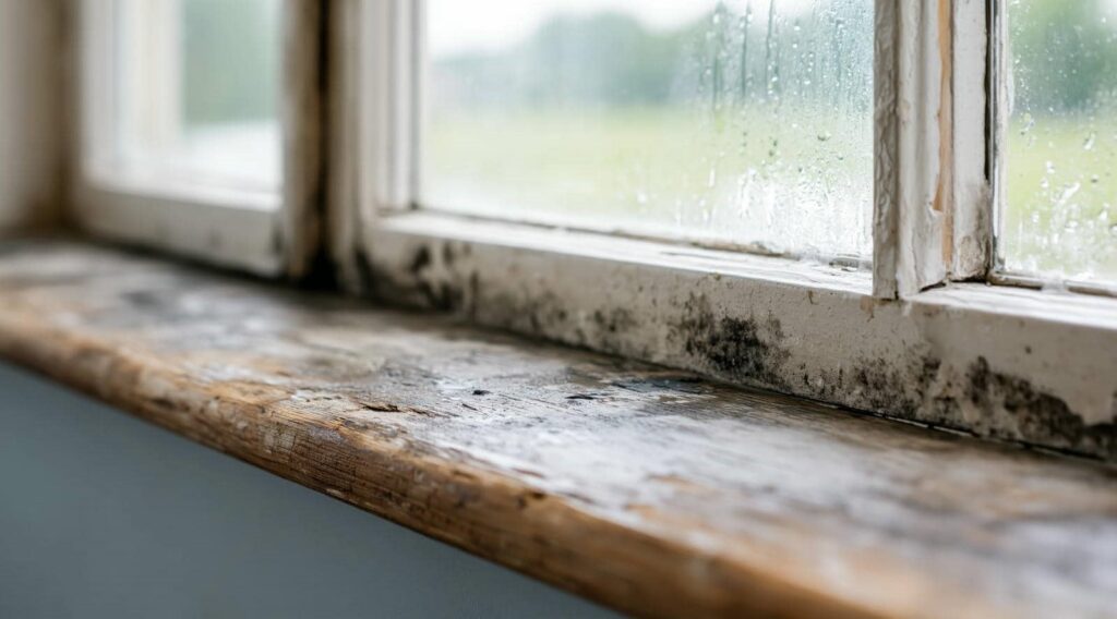 Close-up of a wooden windowsill with black mold and condensation on the window glass.