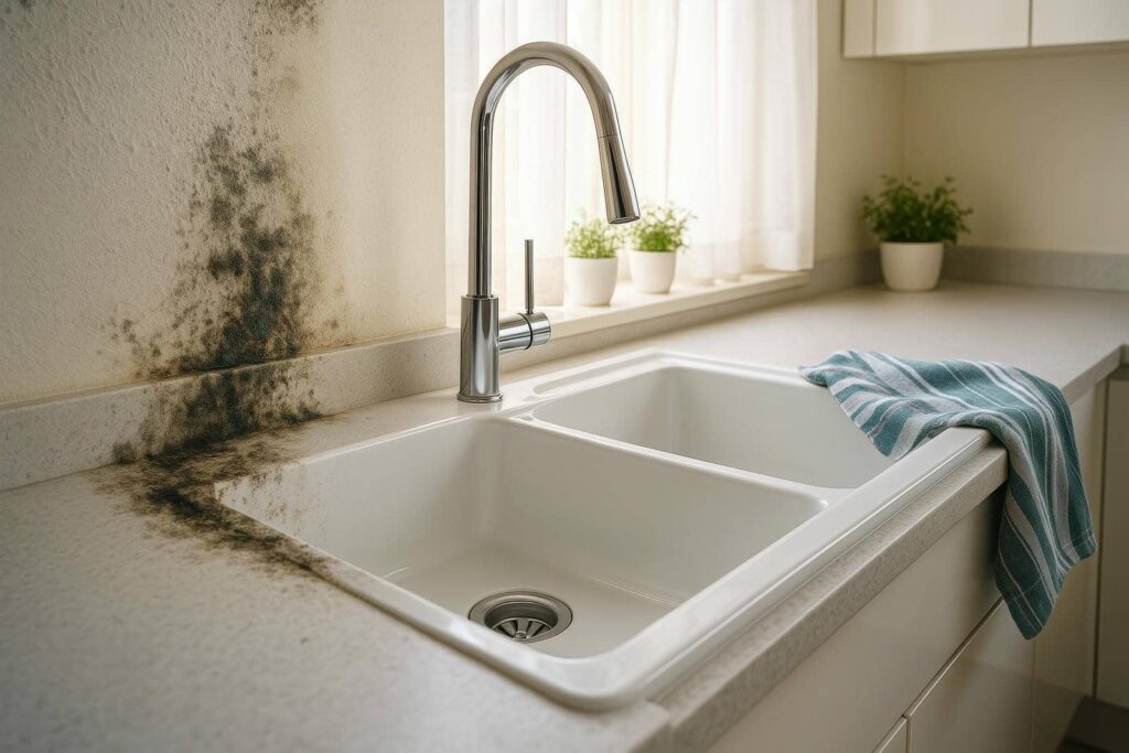 Mold growth on kitchen wall and countertop near a white double sink with a striped towel.
