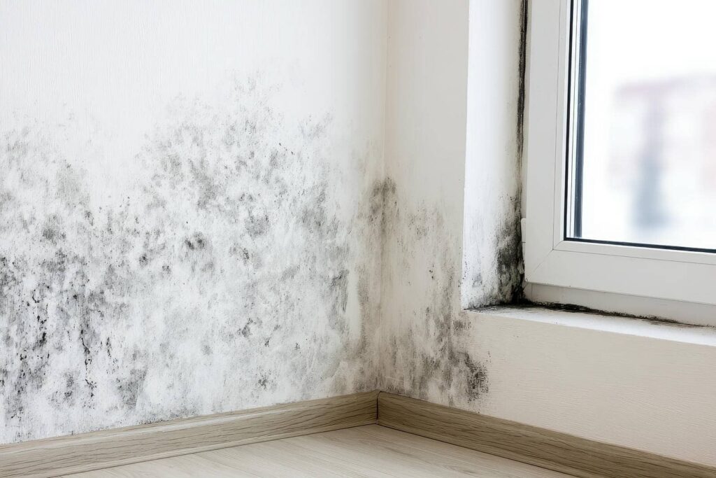 Mold growth on a wall and window corner.