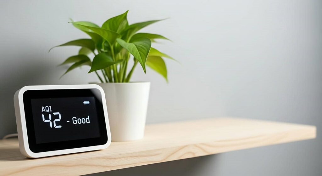 Air quality monitor displaying AQI 42 - Good next to a green potted plant on a wooden shelf.