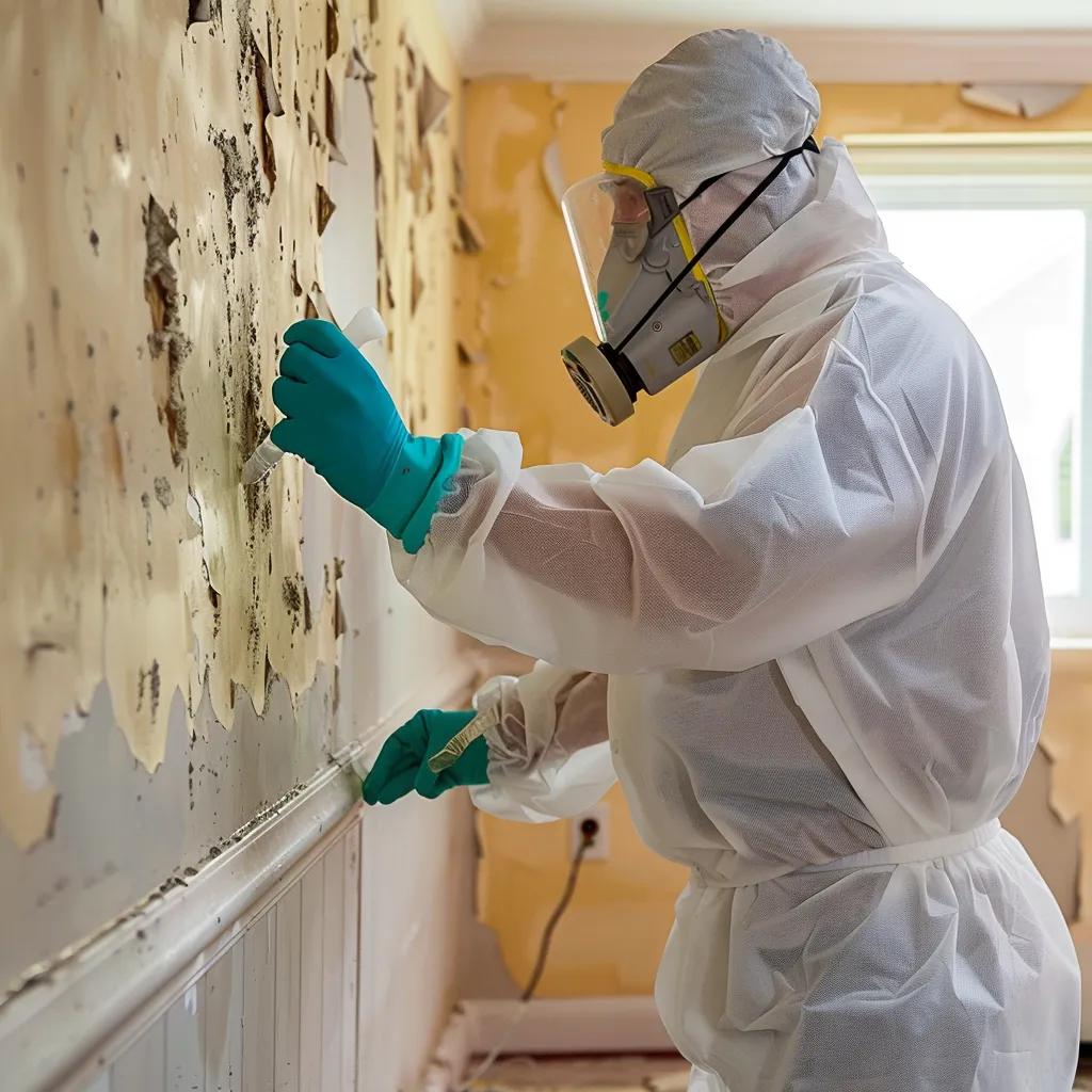 Technician performing mold remediation on a wall with visible mold growth
