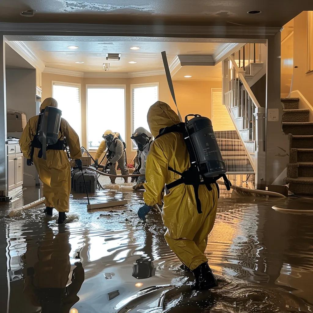Water damage restoration professionals working in a flooded home with extraction equipment