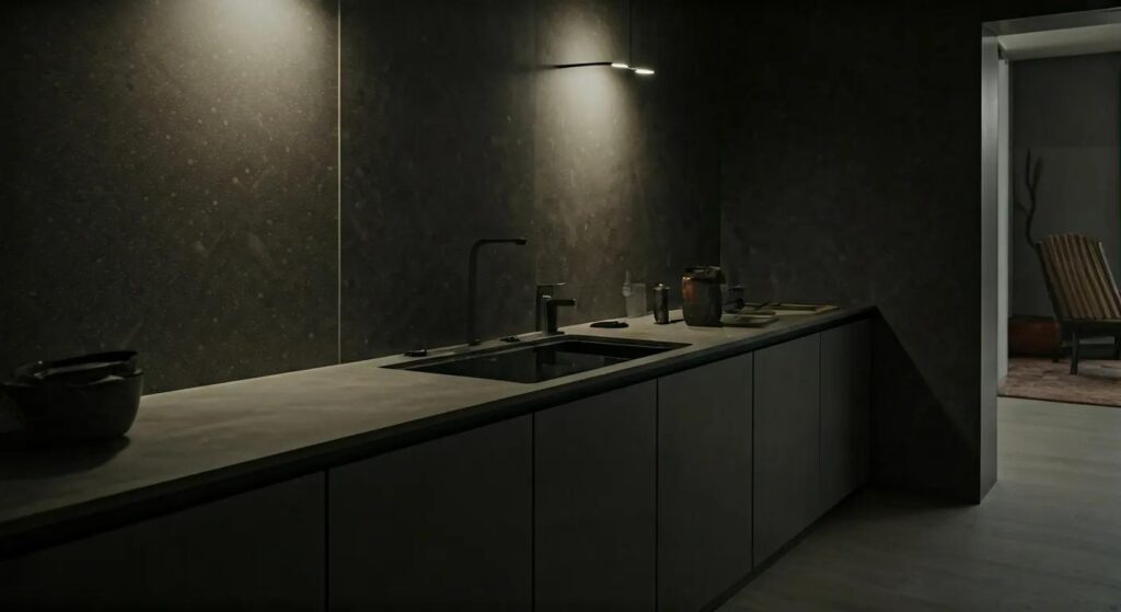 a sleek and modern mesa home interior showcases a proactive homeowner inspecting a high-tech water monitoring system, illuminated by bright overhead lights, emphasizing the importance of prevention in water damage maintenance.