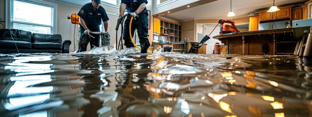 Water damage restoration professionals working in a flooded home with extraction equipment